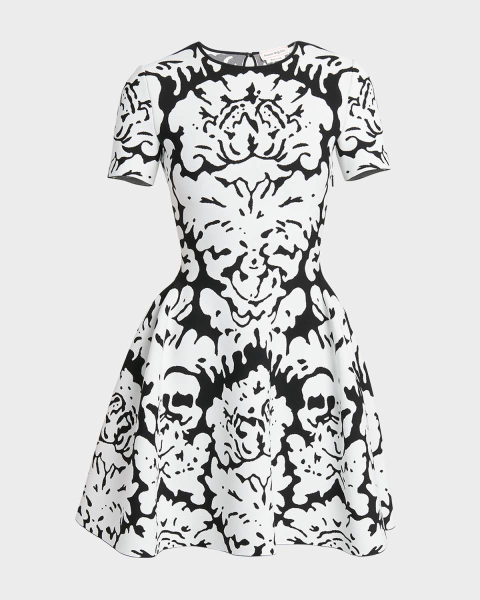 Damask Print Flare Knit Mini Dress